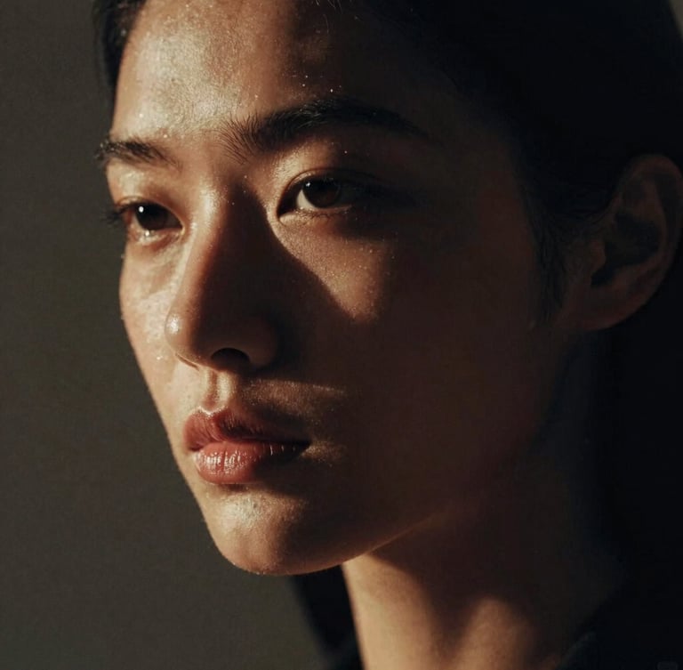 Extreme close-up portrait of a high-fashion model, dramatic side-lighting, deep shadows, warm muted tones, 35mm film grain
