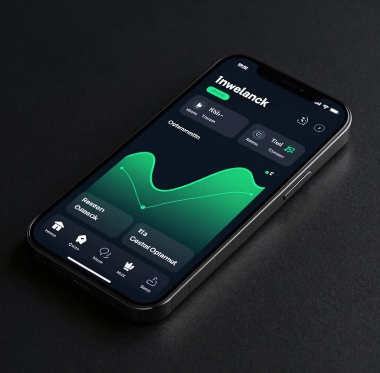 Macro close-up of a high-fidelity 3D smartphone mockup showing a dark-mode system optimization utility interface with neon-green graphs, dramatic screen glow casting light on physical device edges, obsidian background.