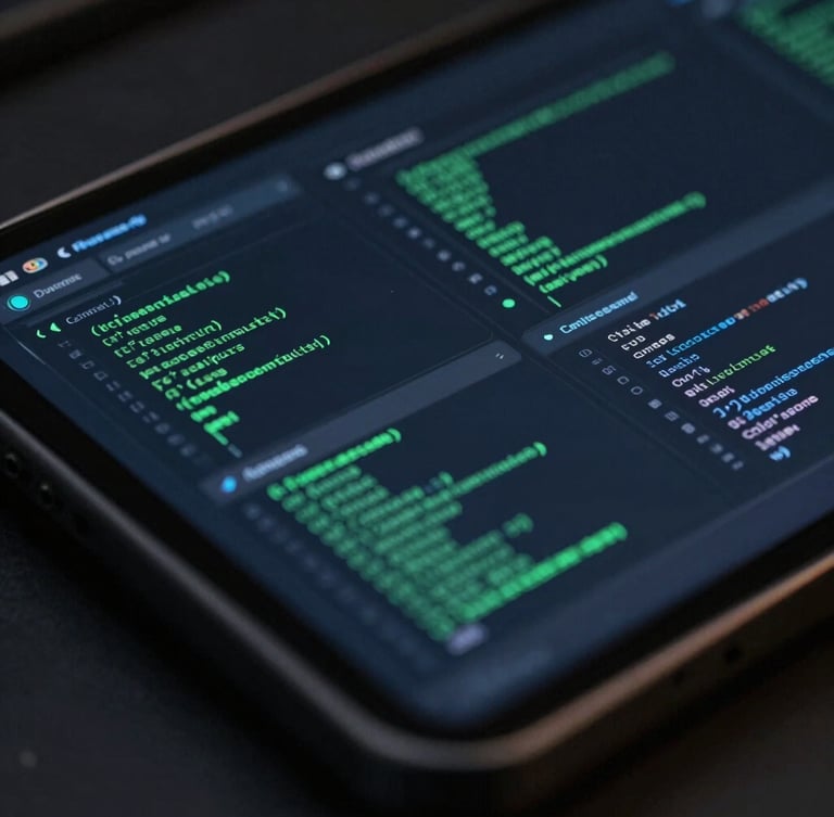 Macro close-up of a high-fidelity 3D device mockup showing a dark Android system-level dashboard with electric green performance graphs and clean code structures, dark ambient atmosphere.
