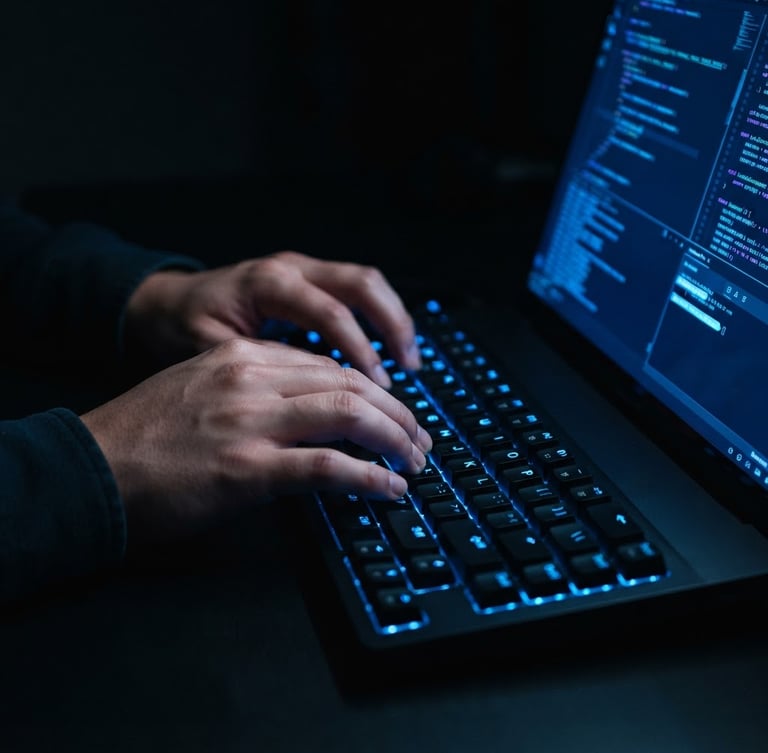 Sleek dark-mode technology photography, a macro shot of hands interacting with a glowing electric blue keyboard and screen, low-key studio lighting, deep obsidian tones