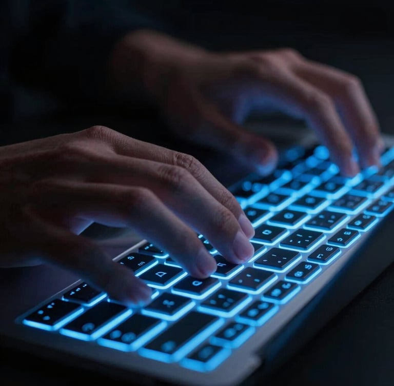 Close-up of hands interacting with a sleek, glowing electric blue keyboard on a dark desk, low-key studio lighting, macro lens, no text.