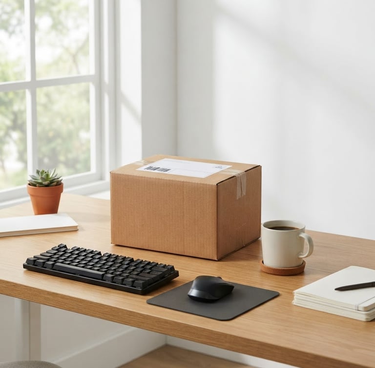 Straight-on medium shot of a clean, minimalist professional workspace with a neatly organized desk, a closed cardboard shipping box with a clean label, a ceramic mug, bright natural daylight streaming from a window, soft shadows, crisp focus.