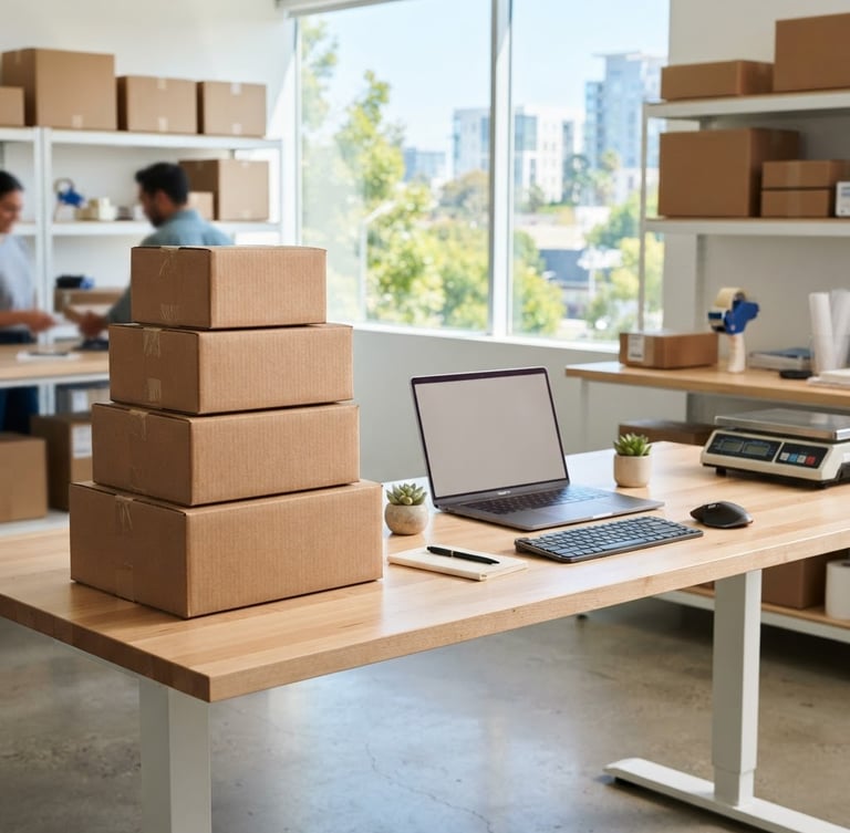 A bright, modern corporate workspace in California with neat stacks of shipping boxes, clean desk setup, bright natural daylight, professional and organized atmosphere.
