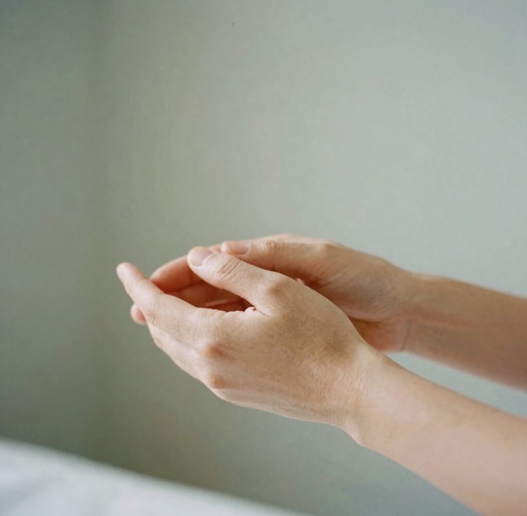Close-up of hands performing a gentle applied kinesiology muscle assessment in a bright, sunlit room with muted sage walls, shallow depth of field, 35mm film