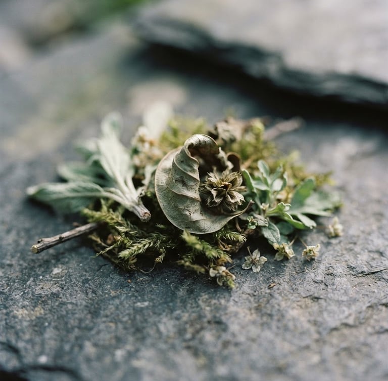 Macro detail of botanical specimens on a clean stone surface, soft diffused daylight, muted sage and slate tones, shallow depth of field, 35mm film.