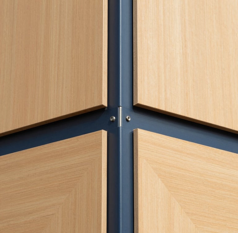 Architectural detail shot of a premium modular wall joint, showcasing clean steel connections, high-end wood paneling, and technical precision, bright daylight, 35mm