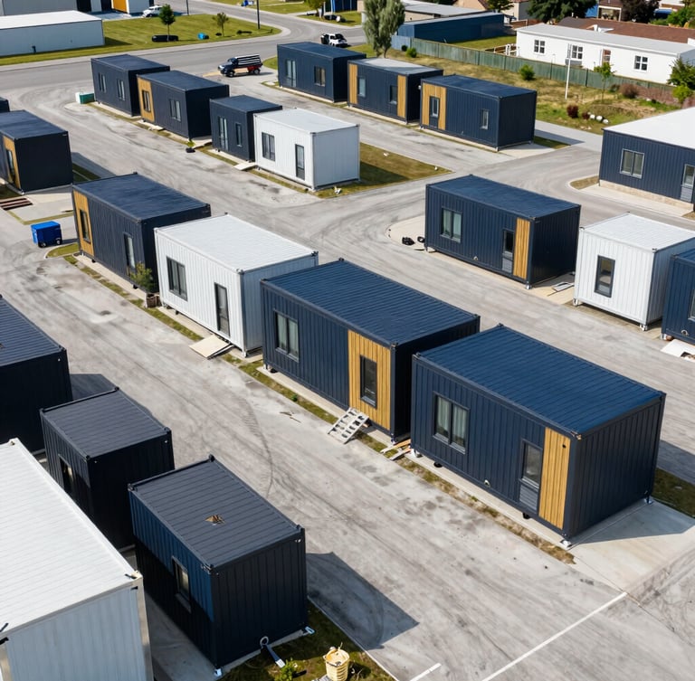 Wide aerial drone shot of a modern modular home manufacturing facility in Europe, clean organized outdoor storage, finished residential units ready for transport