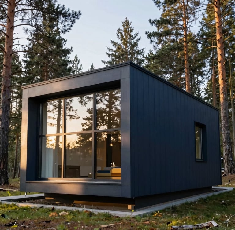 Premium modern modular home situated in a pristine Czech pine forest, soft morning light reflecting off large glass windows, sharp architectural lines, 35mm photography
