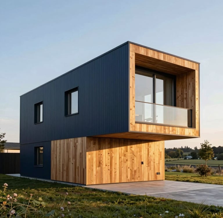 Wide environmental shot of a modern minimalist modular home with sharp geometric lines, premium wood and steel finishes, set in a clean Czech landscape, soft golden hour light, 35mm photography