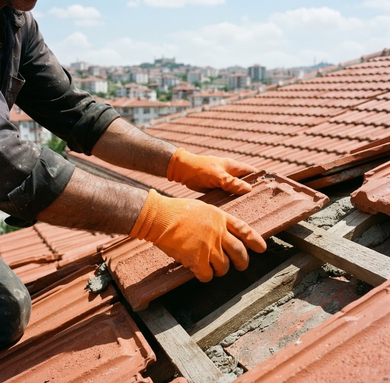 Hands of a professional Turkish roofing master laying red clay tiles on an Ankara residential roof under bright natural daylight, crisp details, safety orange work gloves