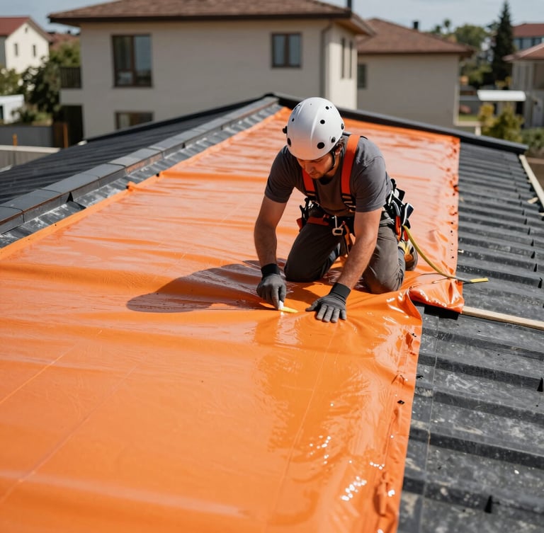 Close-up of a professional roofer applying orange membrane waterproofing isolation on a modern residential roof in Ankara, bright outdoor daylight