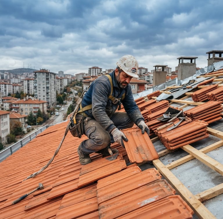 Realistic outdoor construction photography of a professional roof worker laying orange clay tiles on an Ankara apartment building, cloudy autumn daylight, crisp details, slate-blue sky