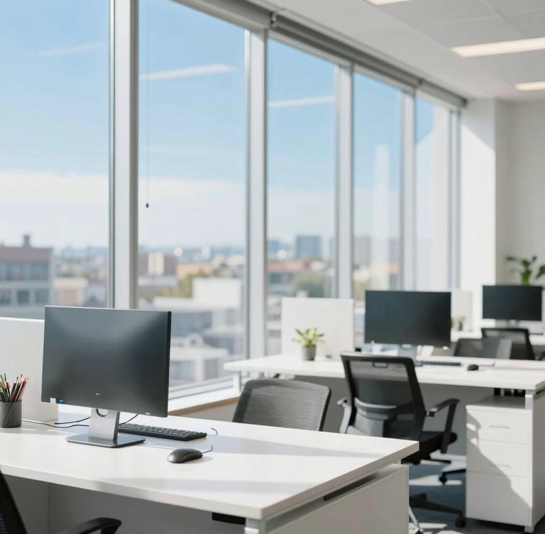 Bright modern office in Draper with floor-to-ceiling windows, soft natural sunlight casting gentle shadows, clean white desks with minimal tech setups, 35mm photography.