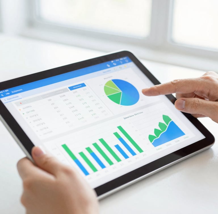 Close-up of hands analyzing clean charts on a tablet, vibrant green and blue UI elements, soft natural window light, professional setting.