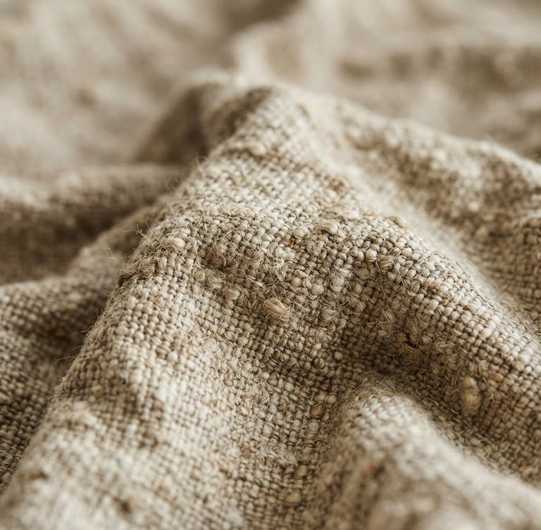 Macro close-up of heavy-weight rumpled oatmeal linen fabric, rich tactile weave texture, soft indirect morning daylight, shallow depth of field.