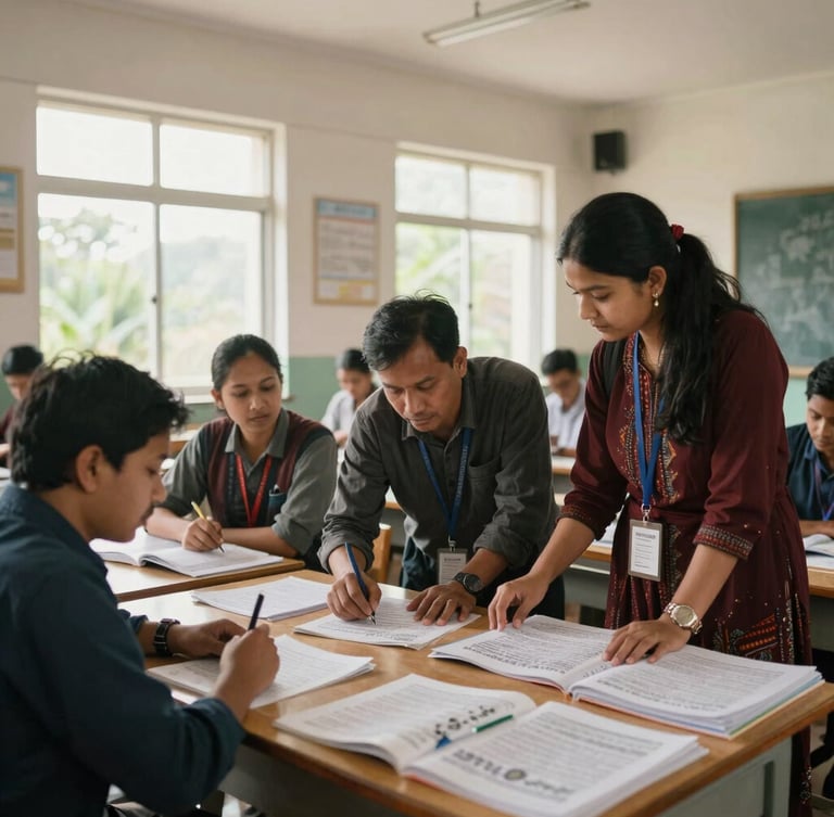 Wide environmental shot of a bright classroom in Shillong, local teachers collaborating over printed vernacular textbooks under natural window light.