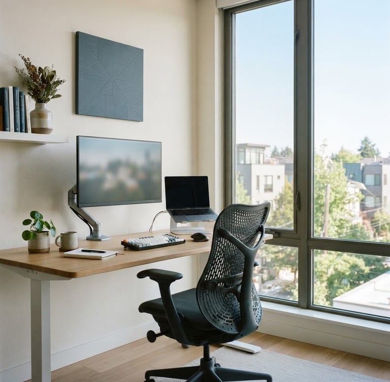 Bright modern office with a clean desk, ergonomic chair, and large window letting in crisp natural daylight, slate blue accents