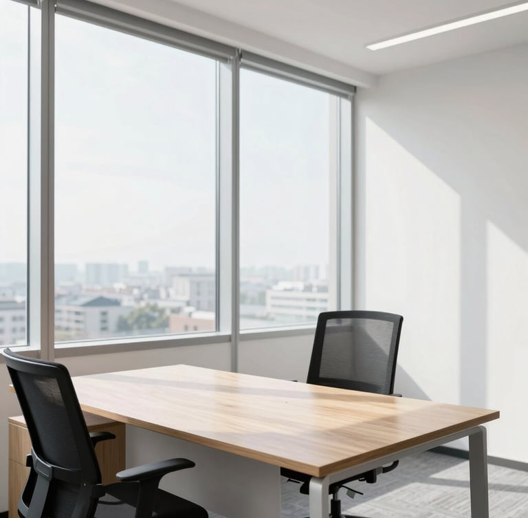 Bright modern private office with a clean wooden desk, ergonomic chair, and large window letting in crisp daylight, architectural framing, 35mm