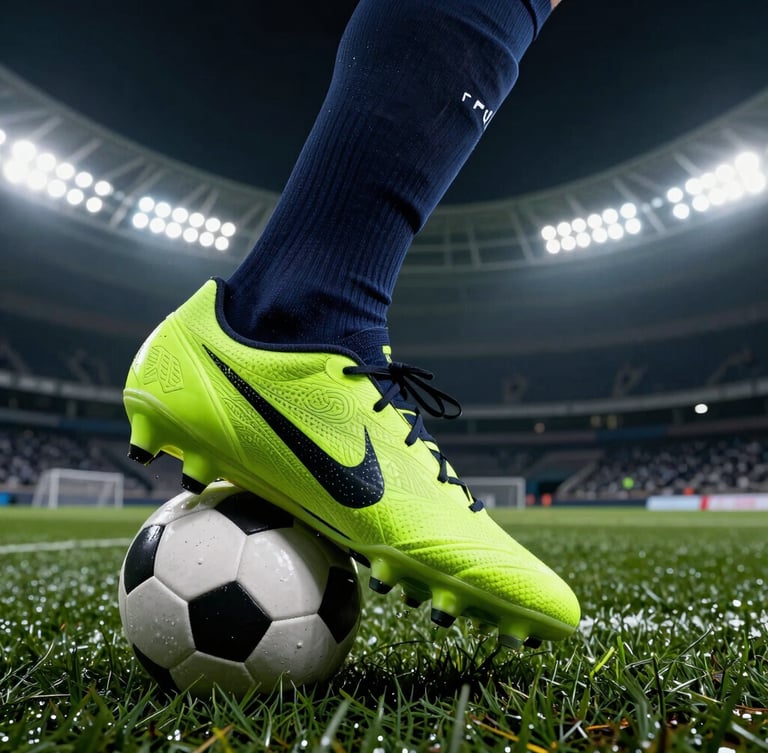 Extreme close-up of a football boot kicking a ball on wet turf, dramatic stadium floodlights, deep athletic navy tones with neon green accents