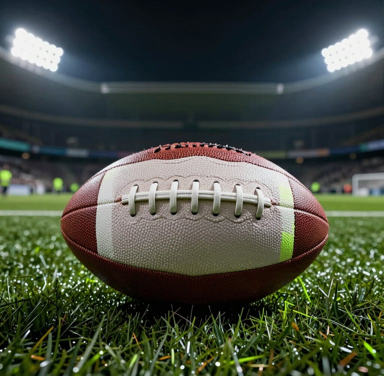 Extreme close-up of a football on wet turf under sharp stadium spotlights, dramatic shadows, neon green accents.