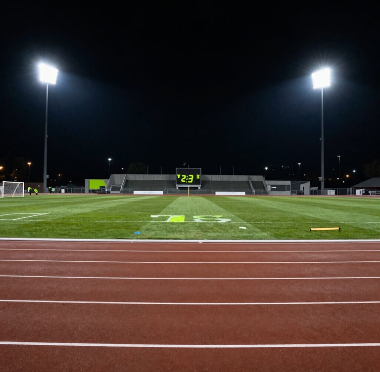 Wide panoramic view of athletic stadium tracks under bright night spotlights, high-contrast sports photography.