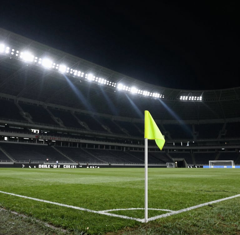 Dramatic stadium floodlights cutting through dark night sky, soccer field corner flag in focus, high-contrast sports photography.