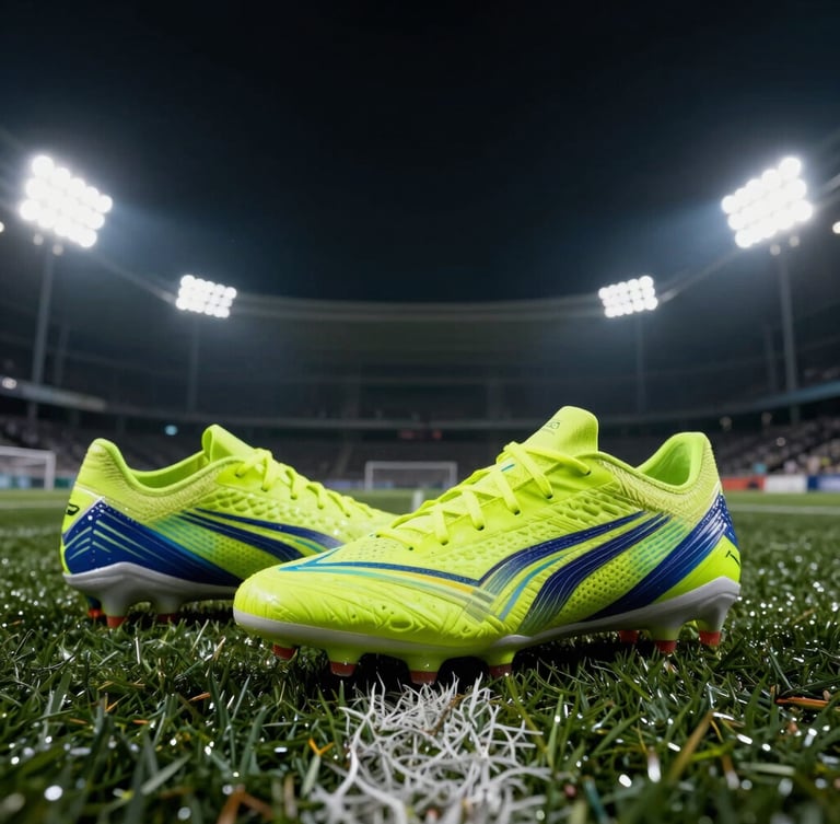 Close-up of soccer cleats on wet turf under dramatic night lighting, high-contrast sports photography.