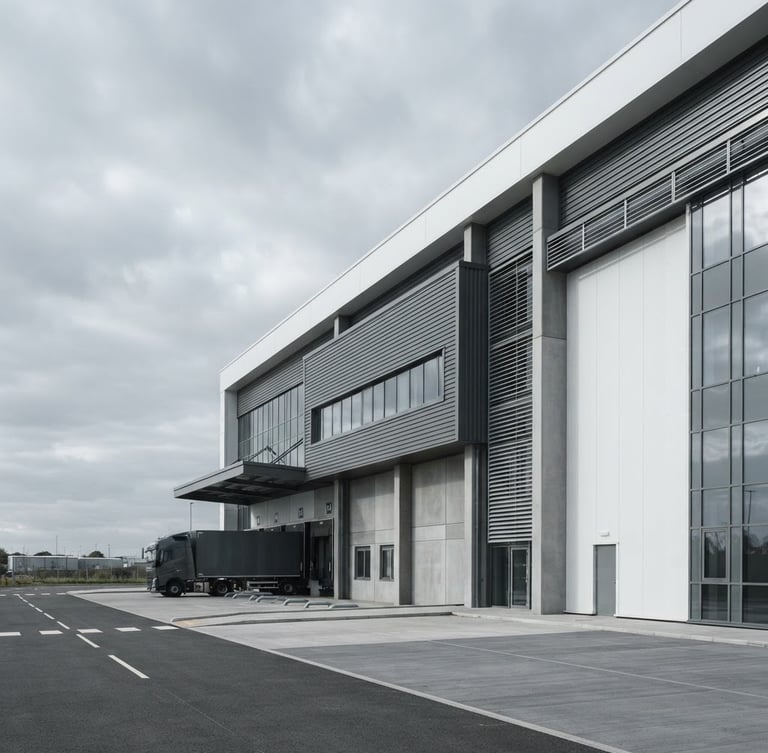 Sharp architectural crop of a modern logistics hub on the right, cool overcast daylight, desaturated corporate tones, minimalist composition, wide-angle.