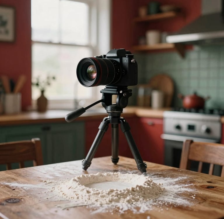 Close-up of a professional camera on a tripod in a warm, rustic kitchen, soft morning light illuminating fresh flour on a wooden table, cozy Scandinavian restaurant interior background, 35mm film style