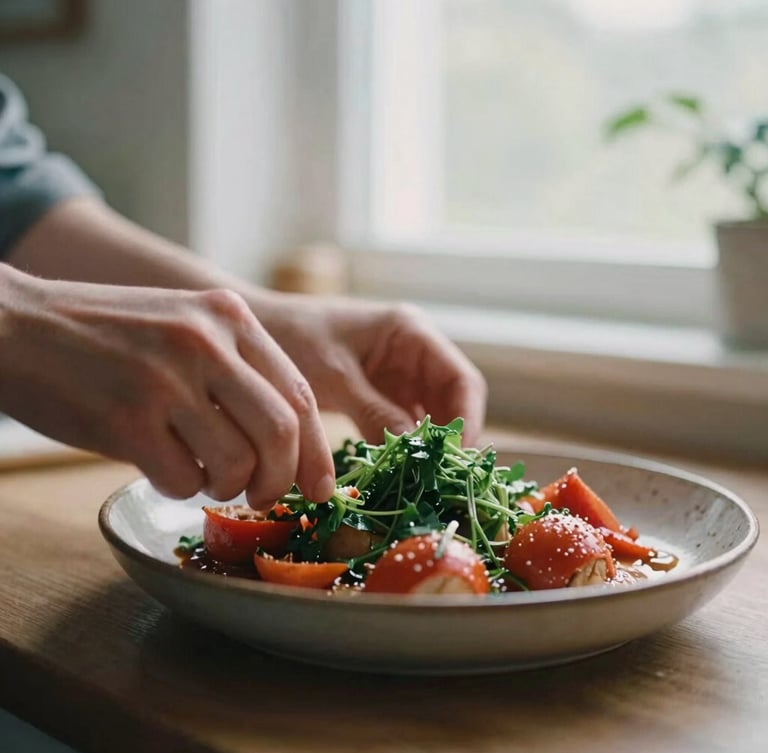 Close-up of hands carefully plating a rustic dish in a warm Scandinavian kitchen, soft natural window light, 35mm film style