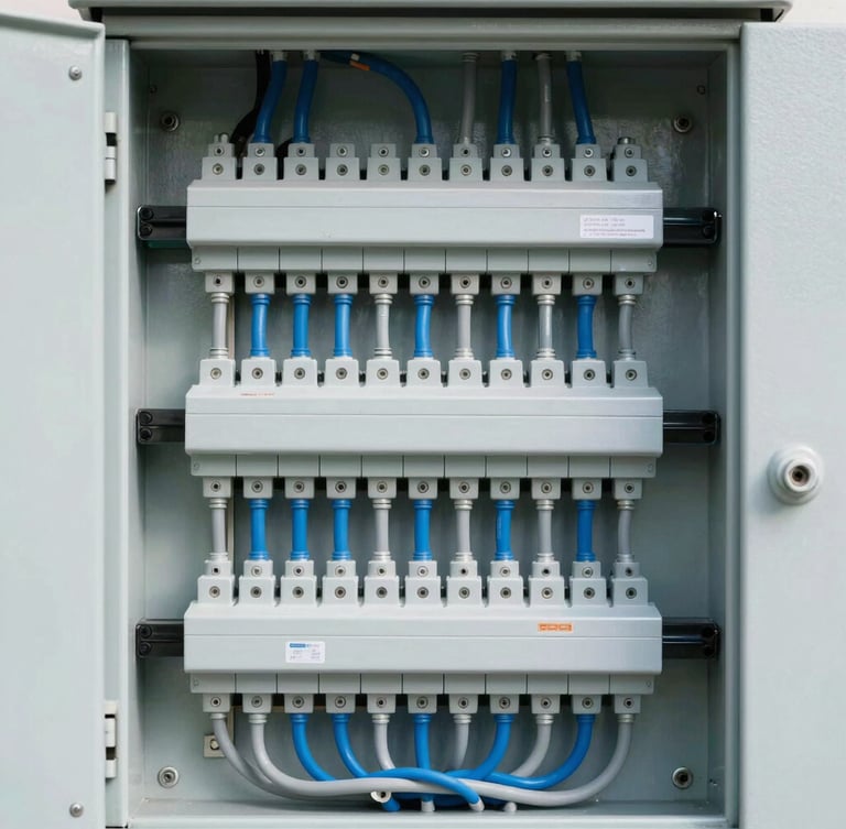 Crisp architectural photography of a neatly organized, newly installed electrical panel with perfectly routed safety blue and slate gray wires, bright cool daylight, sharp focus on the precise connections, 35mm lens