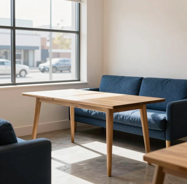 Bright modern furniture showroom in Salt Lake City, sun-drenched Scandinavian interior, oak tables and deep blue sofas, natural window light, 35mm