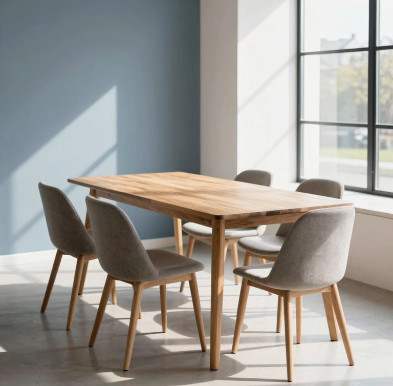 Sun-drenched modern furniture showroom, oak dining table and minimalist chairs, soft window shadows, bright Scandinavian interior design, 35mm