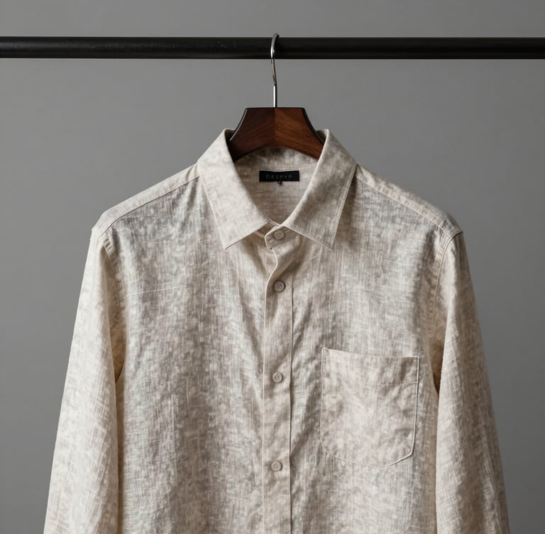 Minimalist studio shot of a perfectly tailored Reserva linen shirt on a dark geometric hanger, neutral grey background