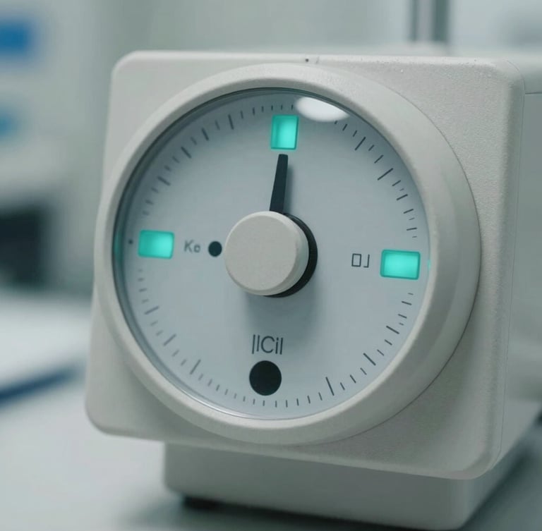 Macro photography of clinical hardware, top-down view of a sterile grey audiometer dial with teal indicator lights, bright neutral clinical laboratory lighting.