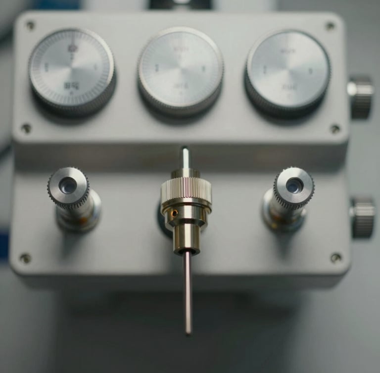 Top-down macro photograph of a sterile clinical probe-tube microphone setup, silver calibration dials, neutral laboratory lighting, high-contrast focus on the probe tip.