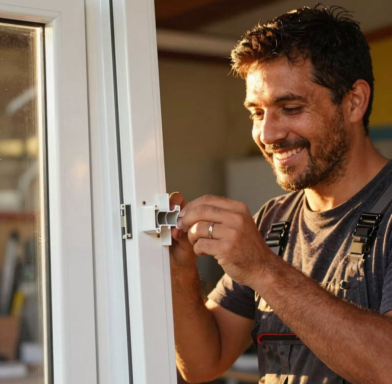 Candid close-up of a friendly Argentine craftsman in a workshop assembling a clean white aluminum window frame, warm golden sunlight glinting off the metal, 35mm lens