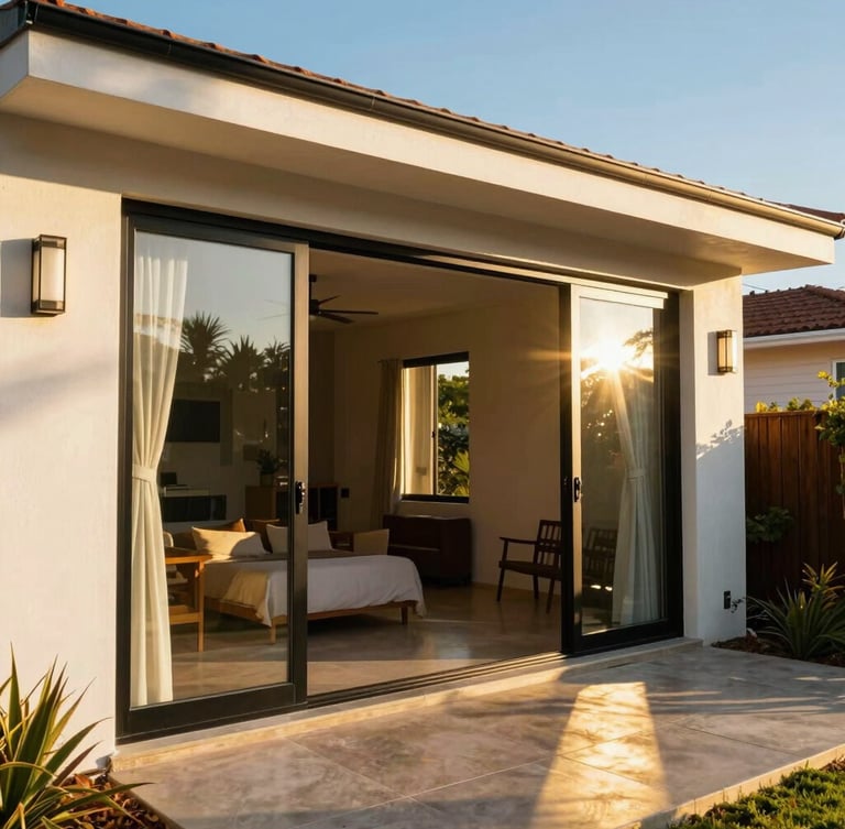 Warm editorial photography of a modern Argentine suburban home, a large black aluminum sliding glass door opens onto a sun-drenched patio, bright golden-hour sunlight streaming through the clean glass, vibrant colors, 35mm lens.