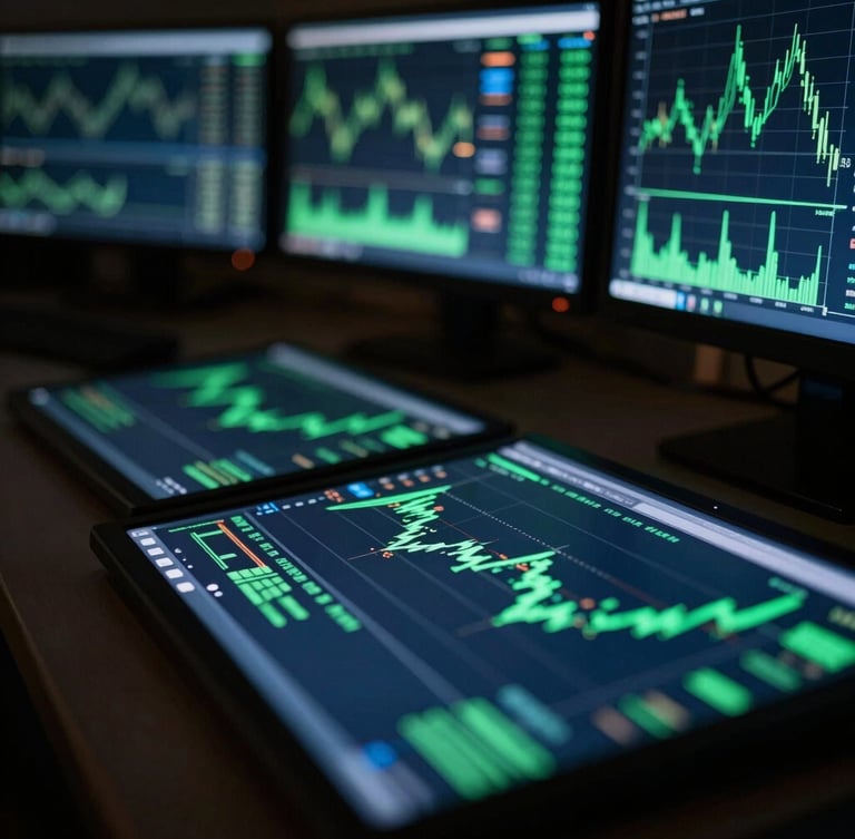 Close-up macro shot of a multi-monitor trading setup in a low-light environment, glowing green and navy financial charts reflecting on a sleek dark surface, 35mm editorial photography