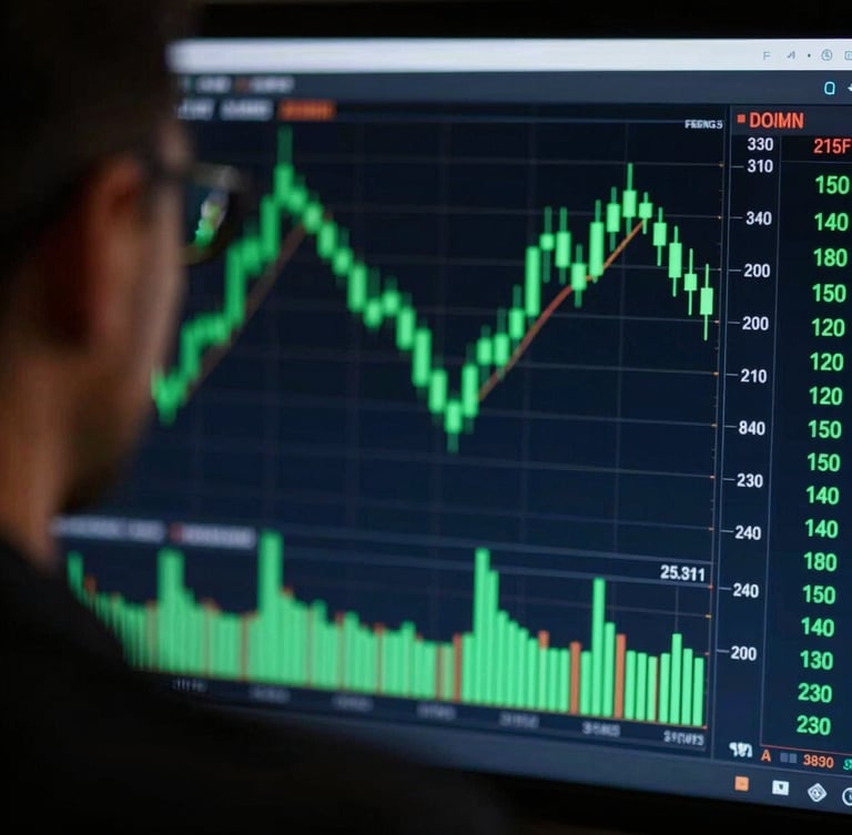 Macro over-the-shoulder shot of a trader analyzing glowing green candlestick charts on a dark terminal screen, low-key lighting, 35mm