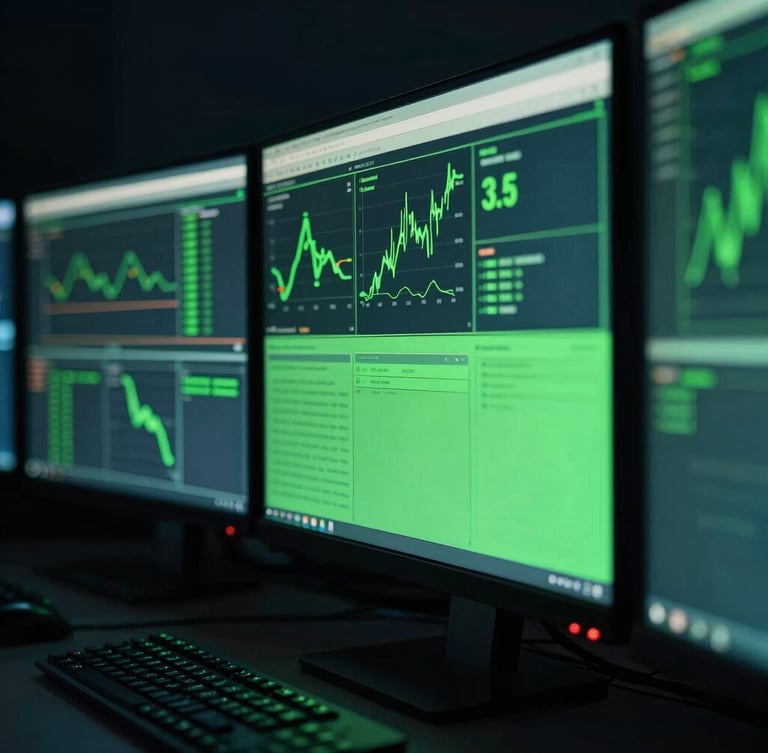 Close-up of a high-end multi-monitor trading desk in a dark room, ambient screen glow casting neon green light, 35mm, shallow depth of field