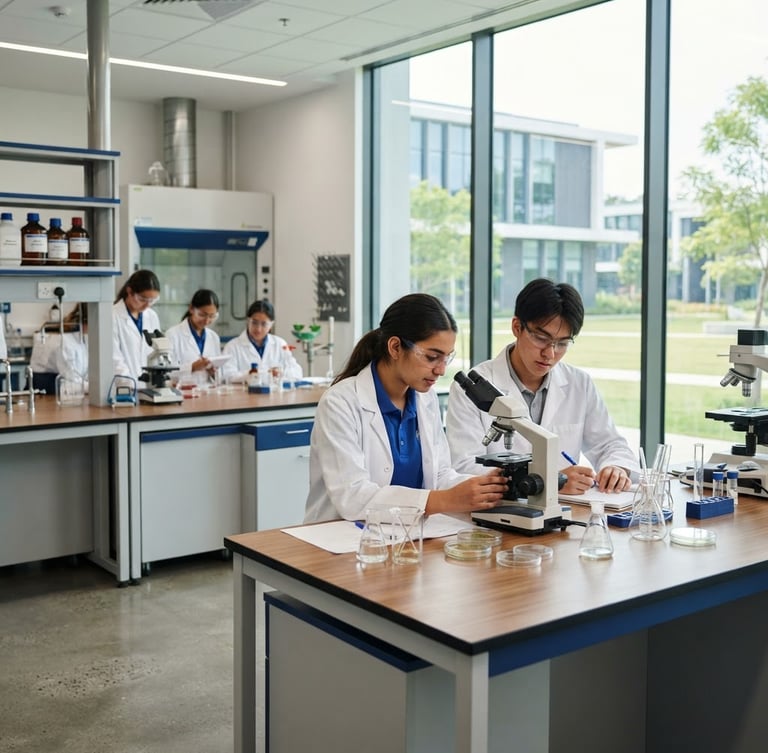 A crisp environmental shot of a modern international school campus, bright natural daylight streaming through large windows, focused students in a state-of-the-art laboratory, professional depth of field.