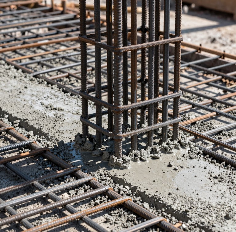 Detailed macro photograph of a concrete pour on an active job site, steel rebar grid visible beneath the wet concrete under bright daylight.
