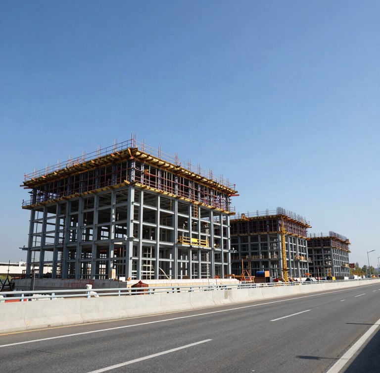Extreme wide-angle environmental shot of an active highway infrastructure construction site, crisp daylight, structural steel framing visible against a clear blue sky.