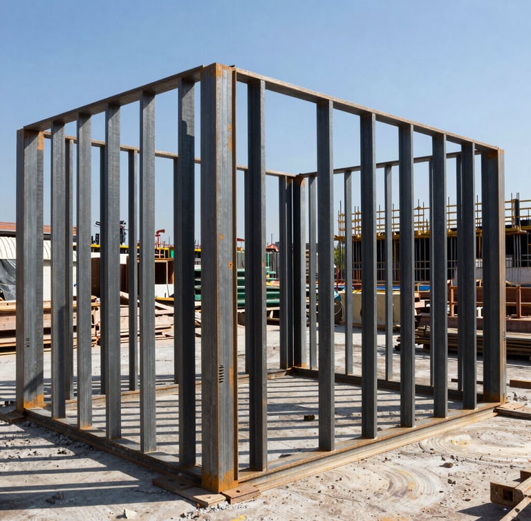 A crisp, high-contrast vertical shot of structural steel framing on an active municipal construction site, bright daylight casting sharp shadows.