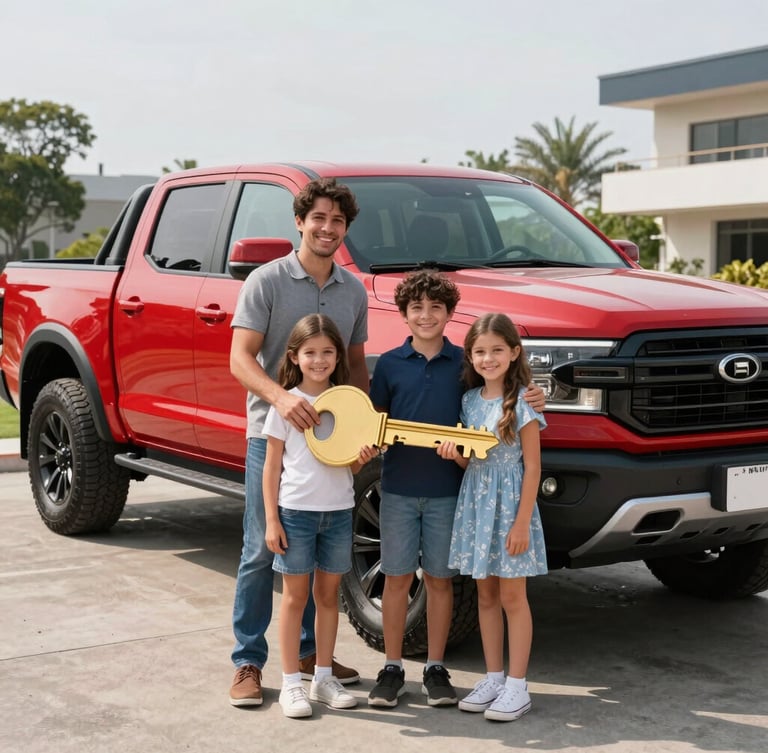 Wide shot of a smiling family standing in front of a brand new glossy red 4x4 pickup truck, holding a giant golden key, bright outdoor daylight, Monterrey background.