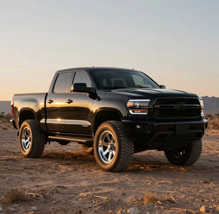 Wide panoramic shot of a customized glossy black 4x4 pickup truck parked in the Mexican desert at golden hour, dramatic high-contrast lighting highlighting the chrome wheels and aggressive stance.
