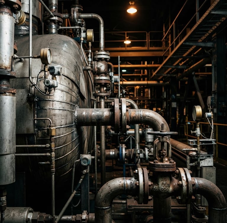Close-up of an industrial pressure vessel with steel pipes, dramatic factory lighting, sharp focus on technical details, 35mm lens