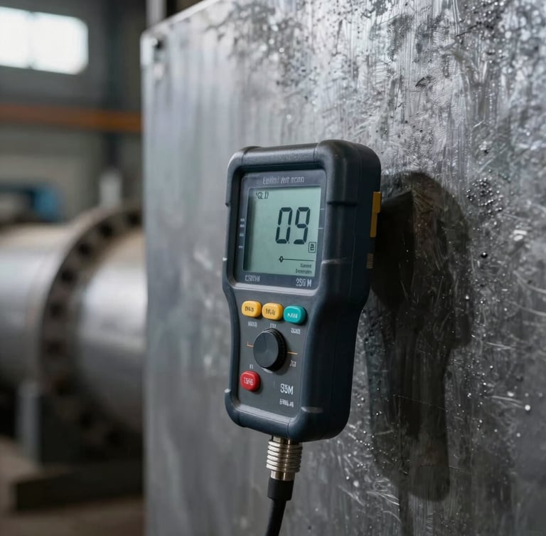 Close-up of a digital ultrasonic thickness gauge showing precise measurements on a heavy steel pipe wall, sharp focus, 35mm lens.