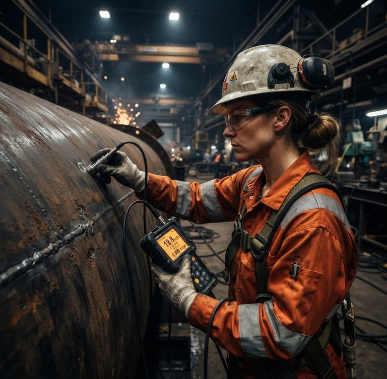 Close-up of an industrial engineer in full safety gear operating a digital ultrasonic thickness gauge on a heavy steel pressure vessel wall, dramatic factory lighting, high contrast steel tones, sharp focus.